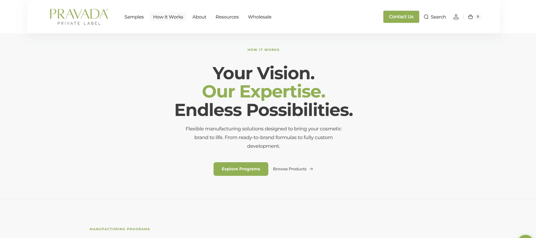 Pravada Private Label webpage showing the slogan 'Your Vision. Our Expertise. Endless Possibilities.' with a call-to-action button for exploring programs.